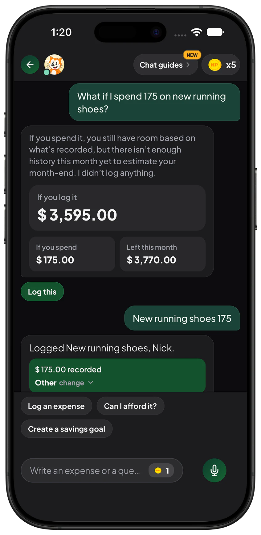Conversation in Kapense checking whether new running shoes fit the money left this month