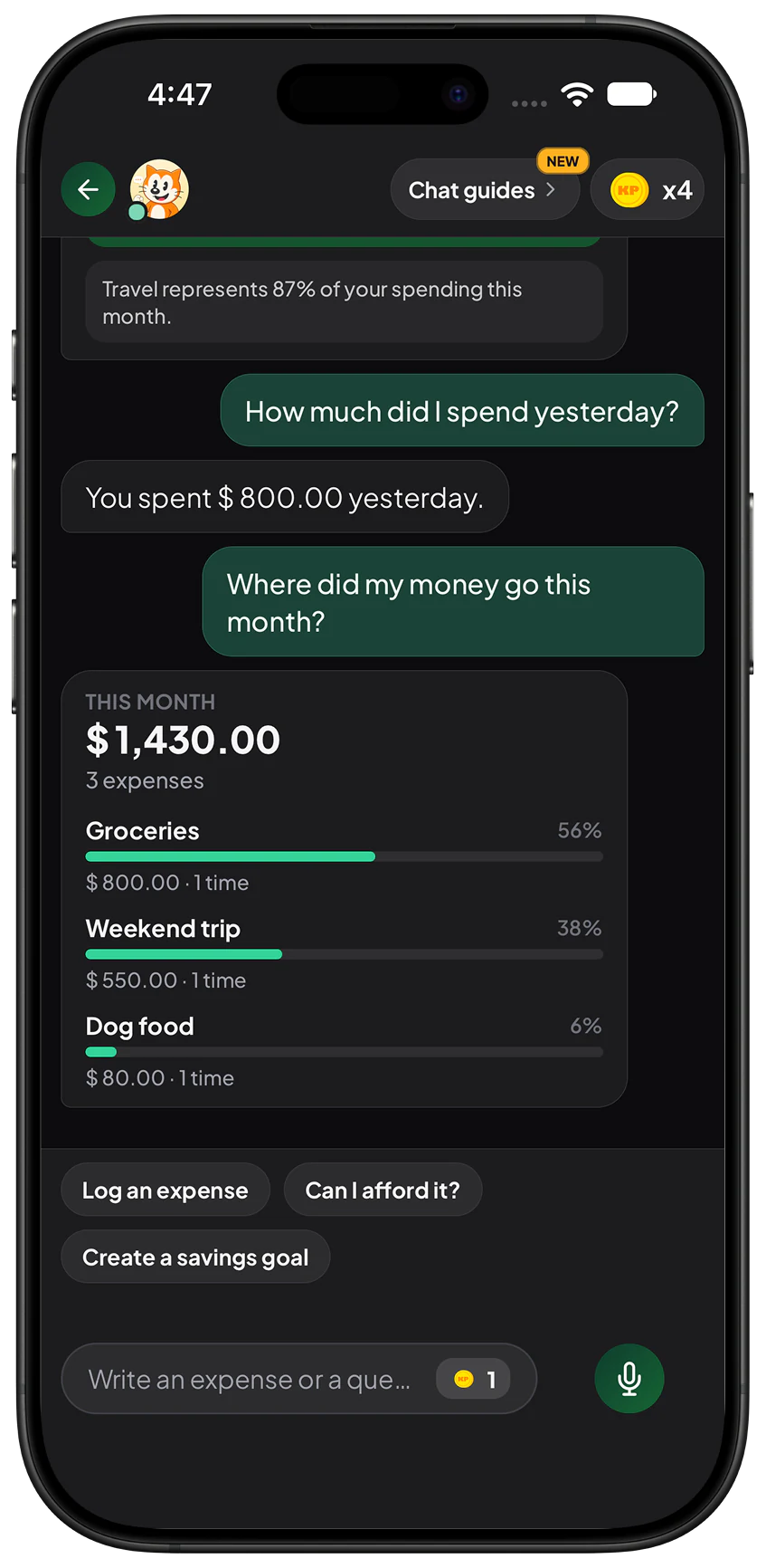 Conversation in Kapense showing yesterday's spend and where the money went this month