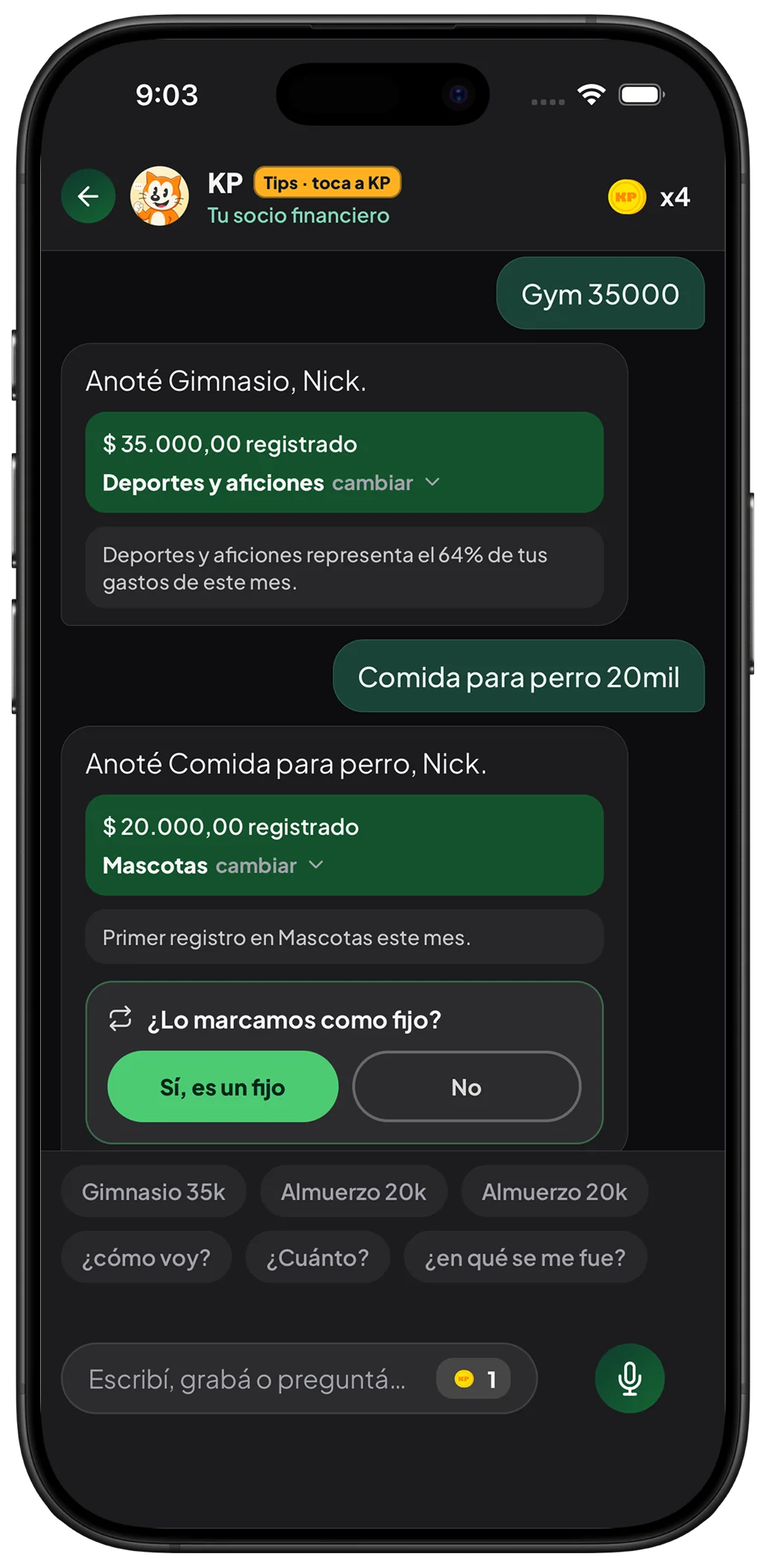 Chat de KP anotando el gym y comida para perro, con categoría y gasto fijo