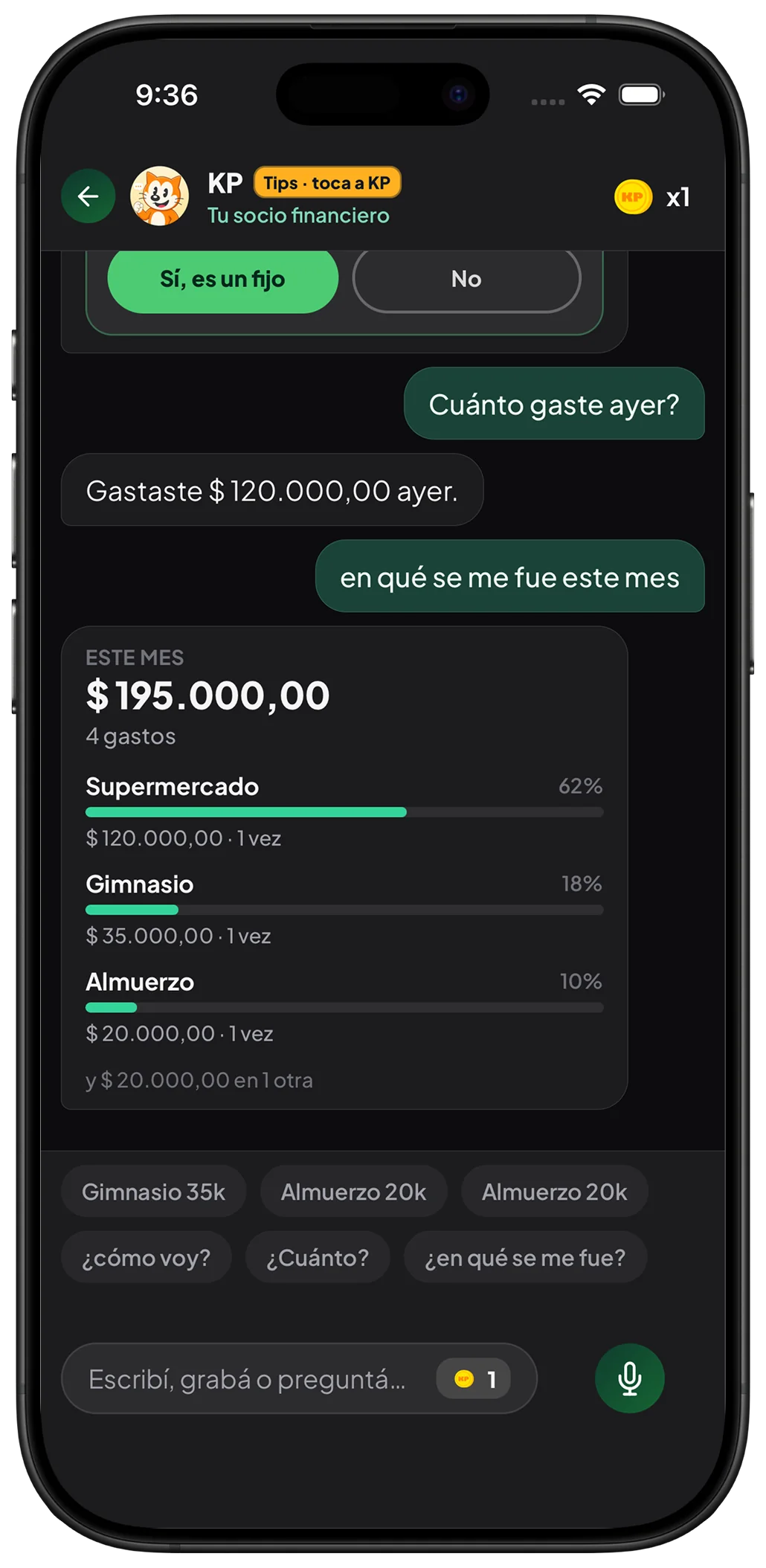 Chat de KP respondiendo cuánto se gastó ayer y en qué se fue el mes