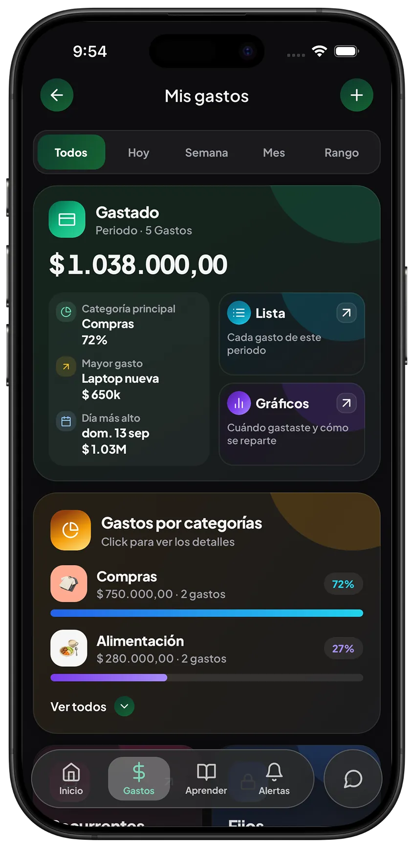 Pantalla de gastos de KP por categorías