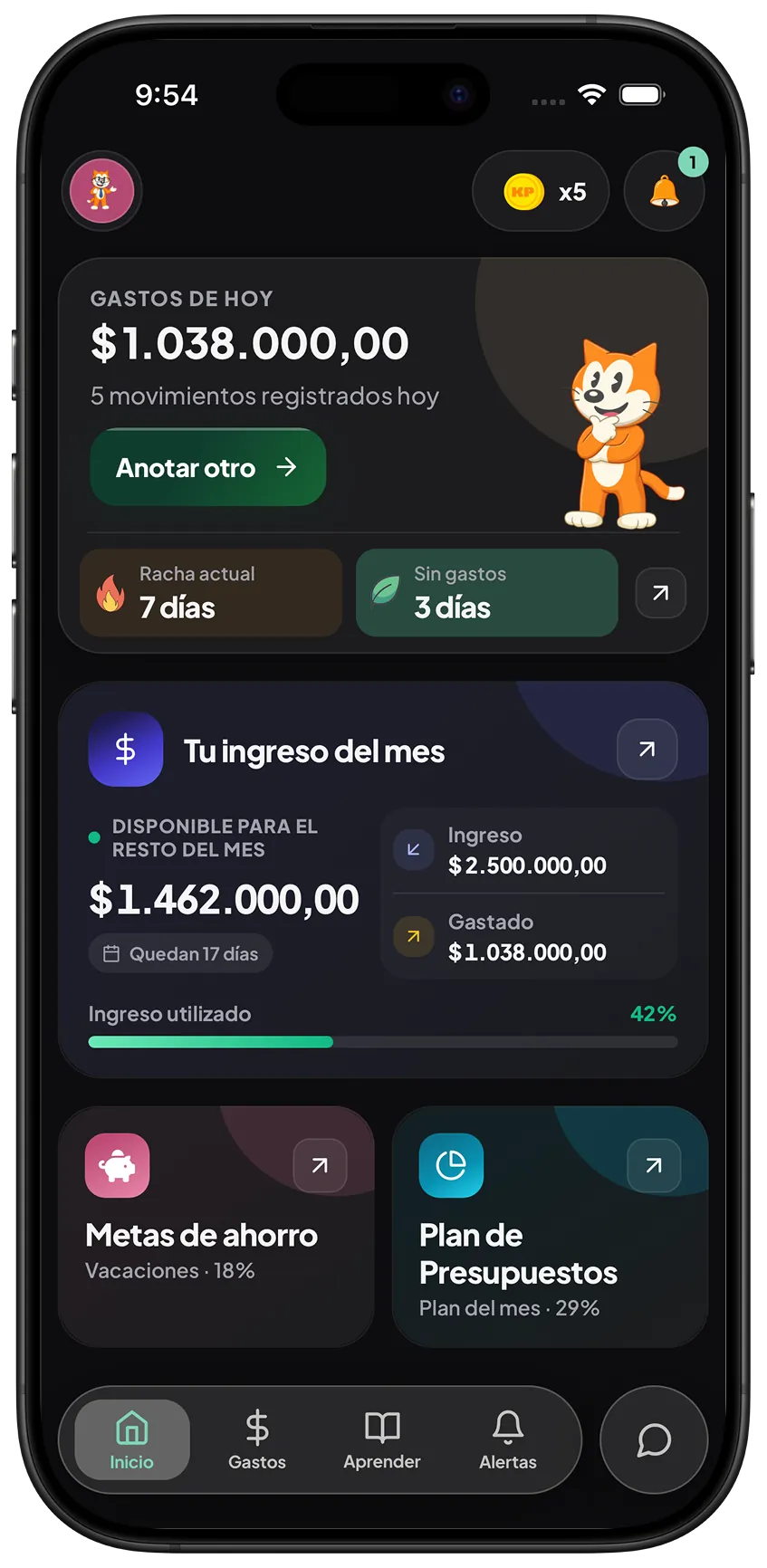 Inicio de KP con disponible del mes, una meta y la mascota