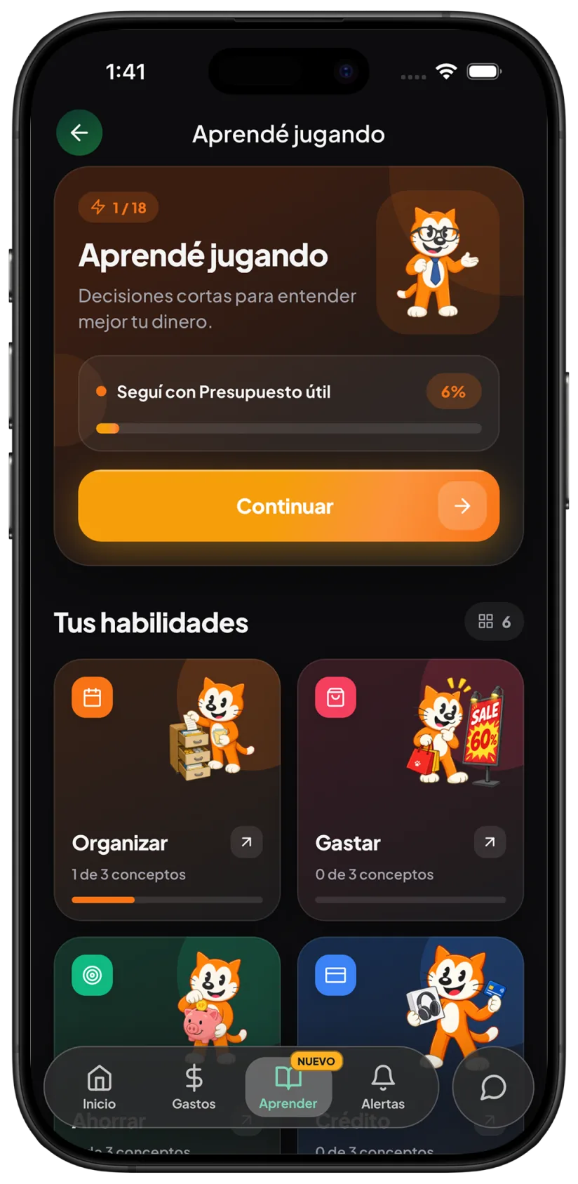 Pantalla Aprendé jugando de KP con lecciones y habilidades sobre dinero