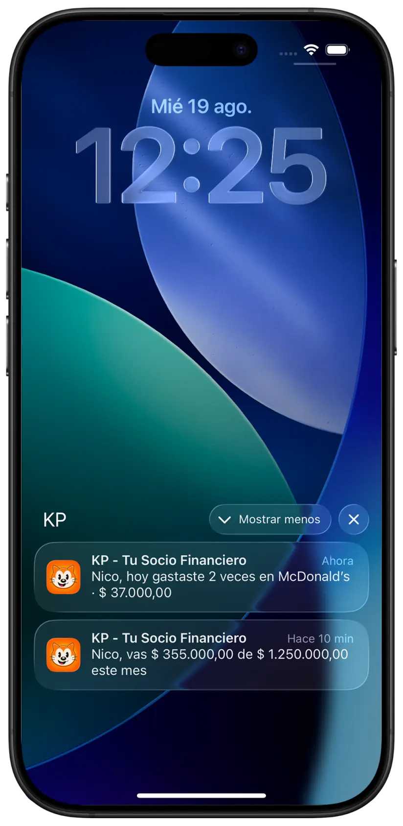 Lock screen de iPhone con dos notificaciones de KP